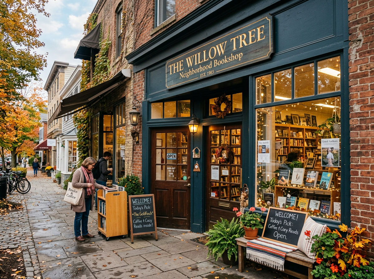 The facade of The Willow Tree Neighborhood Bookshop with books displayed outside and autumn leaves nearby