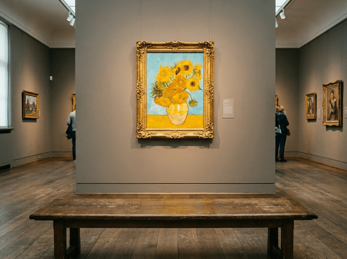 Person sitting on bench looking at framed Van Gogh Sunflowers painting in art gallery