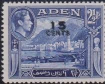 The same blue Mukalla stamp overprinted 15 CENTS, unused