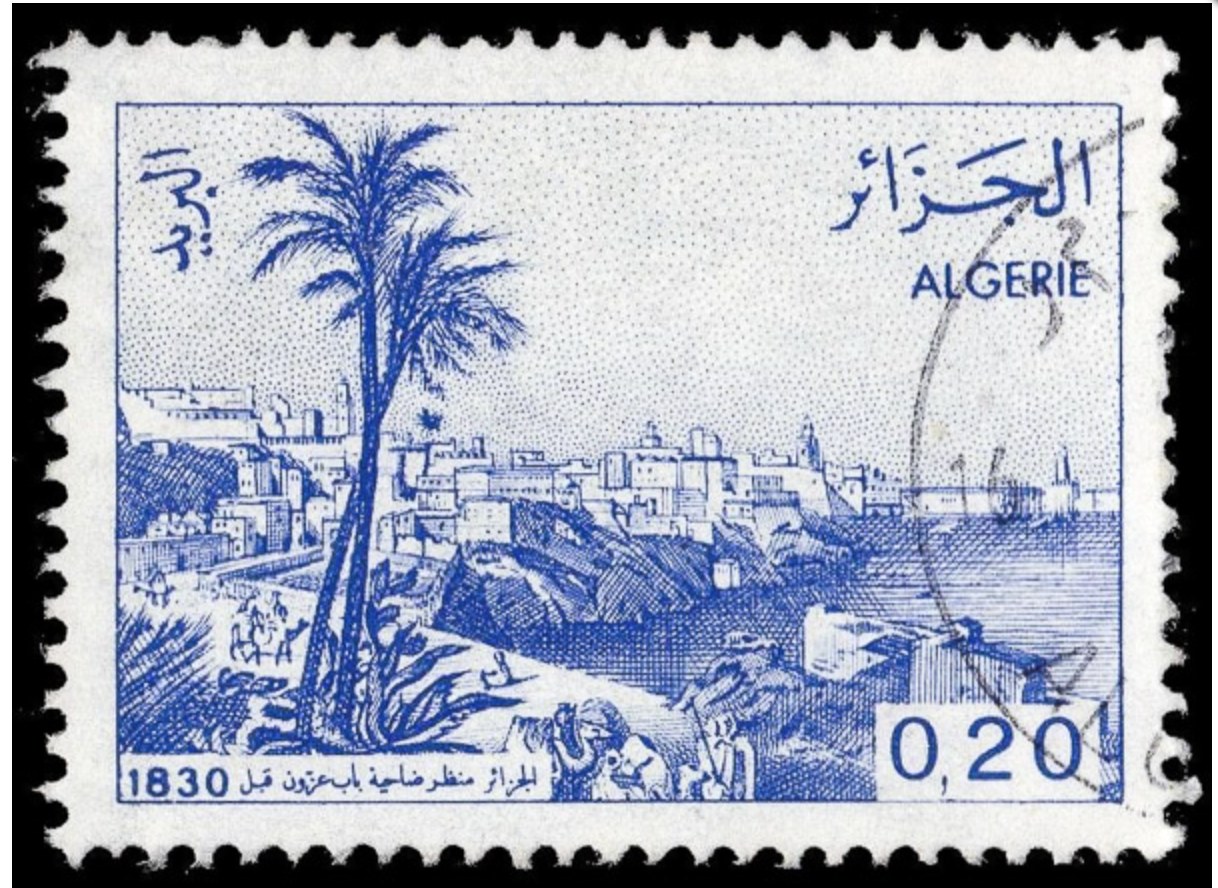 Algeria 0.20 dinar stamp in blue: engraved view of the Bab Azzoun outskirts of Algiers before 1830, with a tall palm, travellers and camels on a road, and white houses above the bay