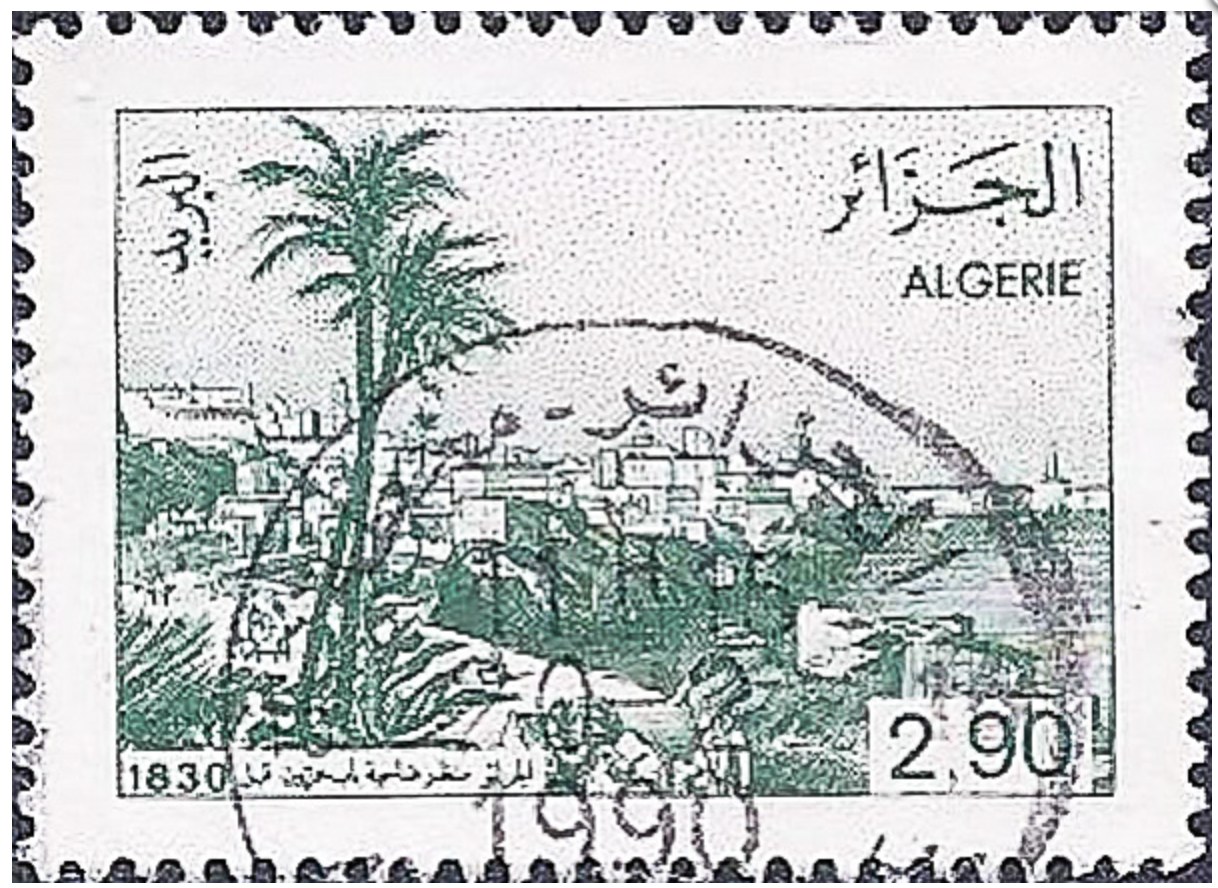 Algeria 2.90 dinar stamp in green: the same engraved view of Bab Azzoun before 1830, crossed by a heavy circular postmark