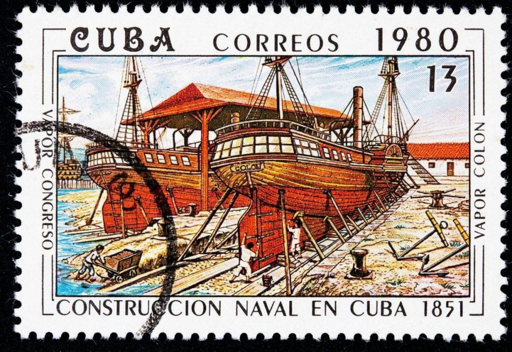 1980 Cuban stamp showing the steamships Congreso and Colon hauled out on a slipway, Construccion Naval en Cuba 1851