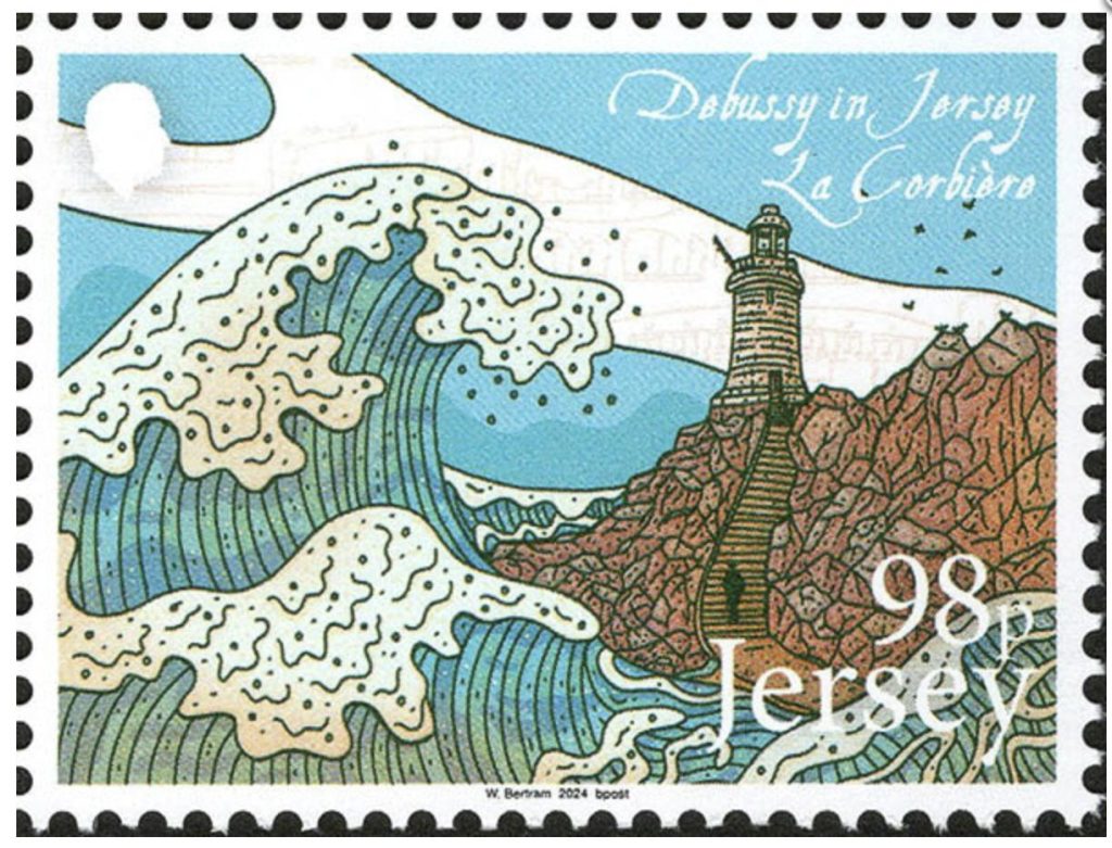 Jersey 98p stamp, Debussy in Jersey: La Corbière. A great curling wave beside La Corbière lighthouse on its rocky headland, with faint musical notation in the sky.