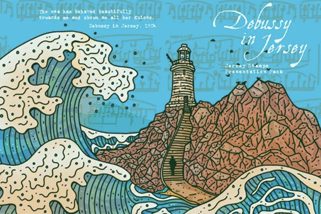 Debussy in Jersey presentation pack cover: a great wave beside La Corbière lighthouse, with a Debussy quote about the sea and faint musical notation in the sky.