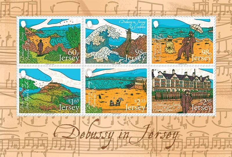 Debussy in Jersey souvenir sheetlet: six stamps of Jersey scenes, including La Corbière and the Grand Hotel, on a background of sheet music.