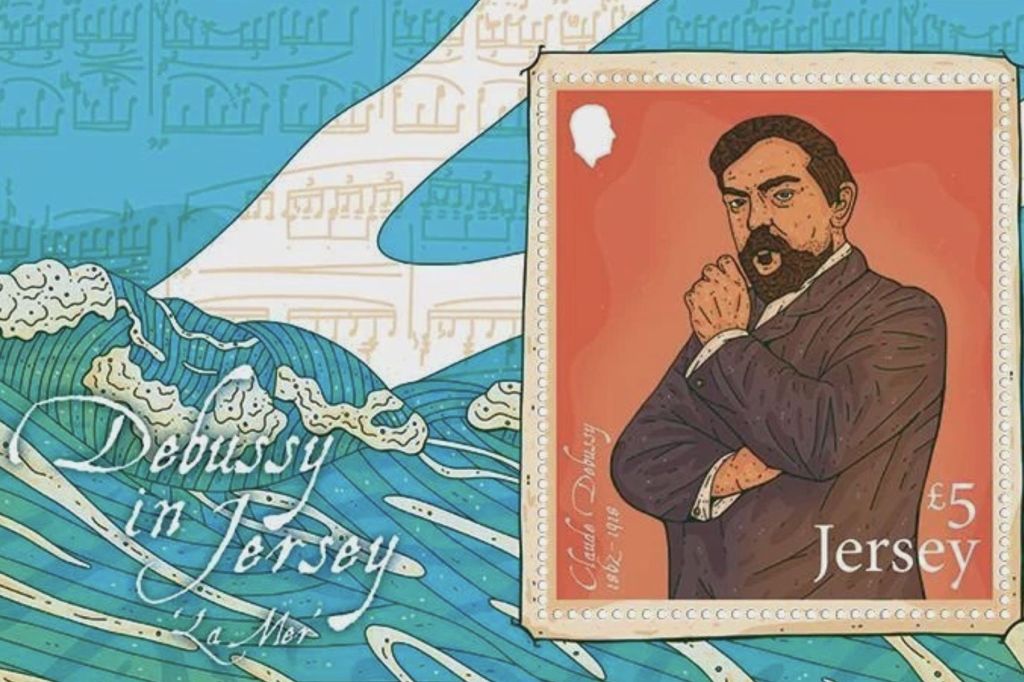 Jersey £5 Debussy in Jersey miniature sheet: a portrait stamp of Claude Debussy, arms folded, beside stylised waves and the score of La Mer.