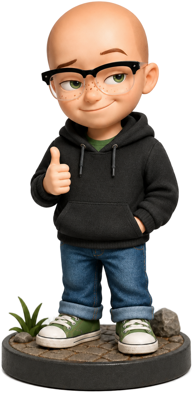 A figurine of NCS: bald, black glasses, black hoodie, jeans and green trainers, giving a thumbs up