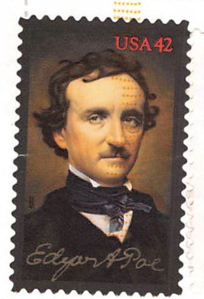 US 42 cent Edgar Allan Poe stamp from 2009: an oil portrait of Poe in a dark coat and loosened black tie, with his signature along the bottom
