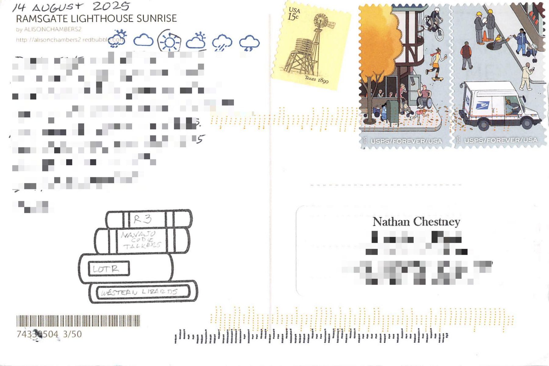 Postcard back: a 1980 US windmill stamp and two 2025 USPS Forever stamps, a row of weather symbols with the sun circled, and a hand-drawn stack of books, with the message and address blurred