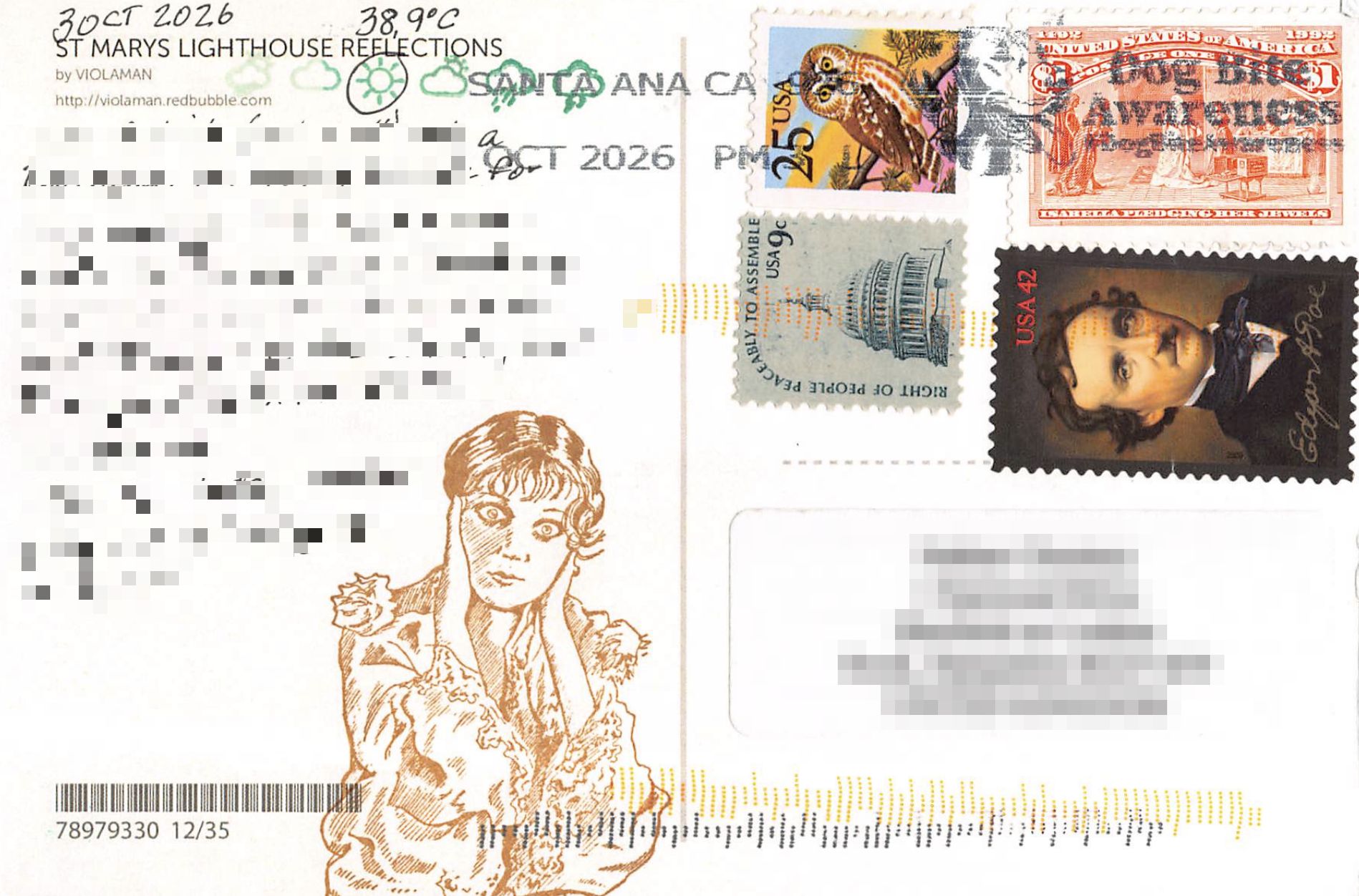 Postcard back: four US stamps showing a saw-whet owl, the Capitol dome, Queen Isabella pledging her jewels and Edgar Allan Poe, with a Santa Ana postmark and the message and address blurred