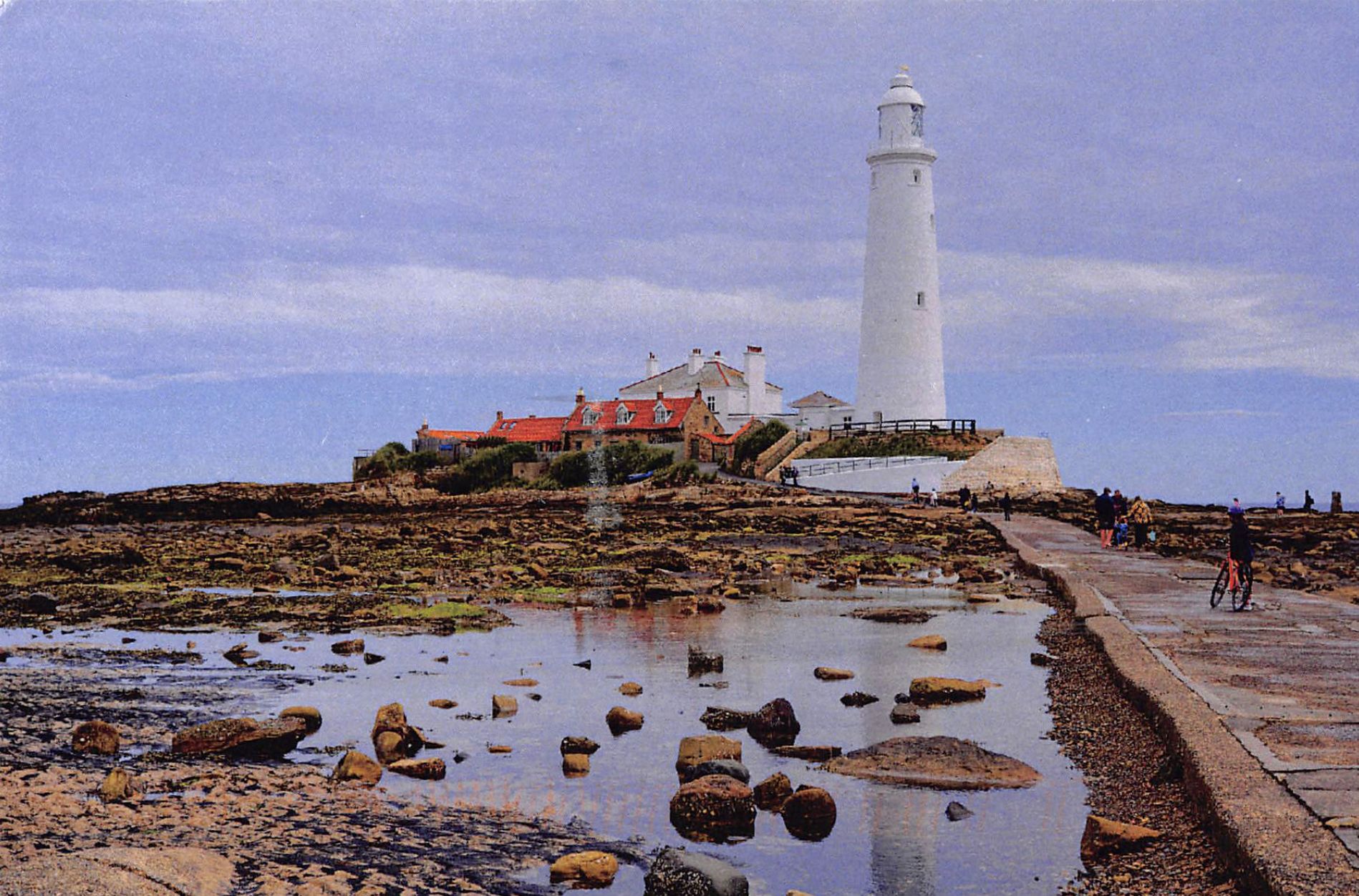 Postcard front: St Mary's Lighthouse at Whitley Bay at low tide, the white tower and red-roofed cottages reflected in a rock pool beside the causeway